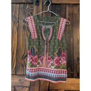 Anthropologie Olive Green Embroidered Floral Flowy Peasant Tank Size Small